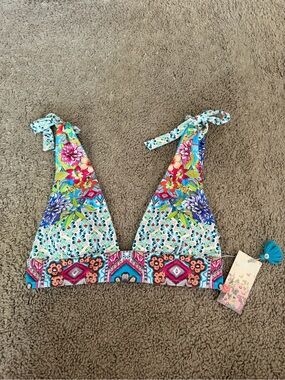 Johnny Was Daydream Halter Bikini Top Blue Floral Size Small NWT